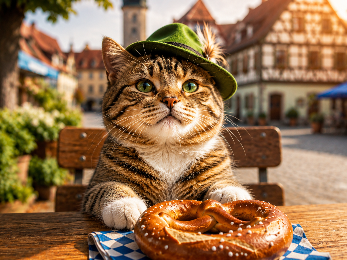 A tabby cat wearing a green Bavarian hat, sitting at a table with a pretzel in a sunny German town square